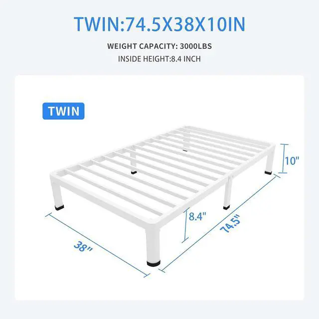Alt view image 2 of 7 - MAF 10 Inch Twin Bed Frames White with Round Corner Legs Mattress Stopper | No Box Spring Needed, Heavy Duty Metal Platform Bed Frame, 3000 LBS Steel Slats Support, Easy Assembly, Noise Free