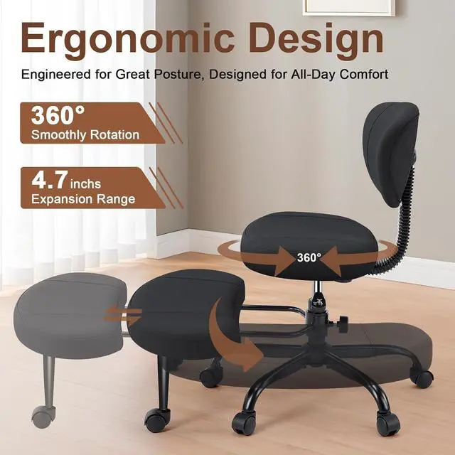Alt view image 4 of 7 - AreShark Cross Legged Office Chair with Wheels, Kneeling Meditation Wide Criss Cross Swivel Ergonomic Chair with Back Support&Adjustable Height, ADHD Stool with Rotating Footrest for Yoga Home Office