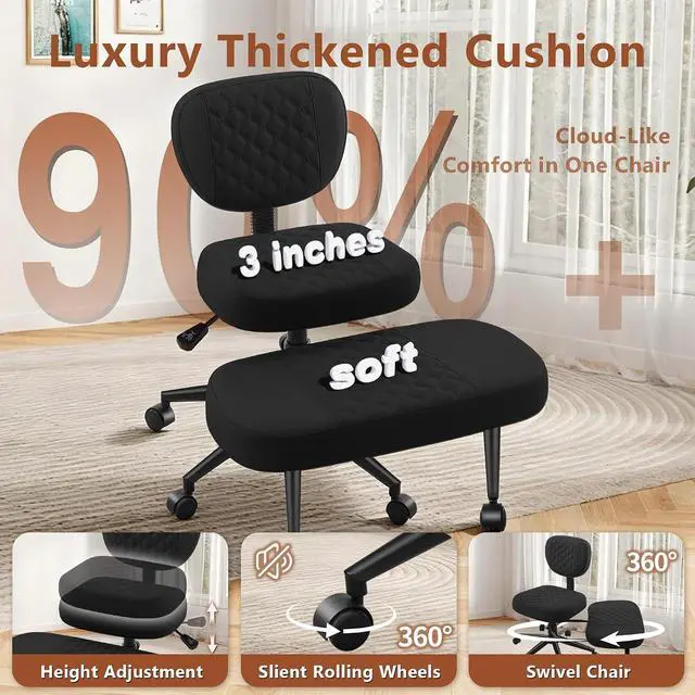 Alt view image 4 of 7 - AreShark Cross Legged Office Chair with Wheels, Kneeling Meditation Wide Criss Cross Swivel Ergonomic Chair with Back Support&Adjustable Height, ADHD Stool with Rotating Footrest for Yoga Home Office
