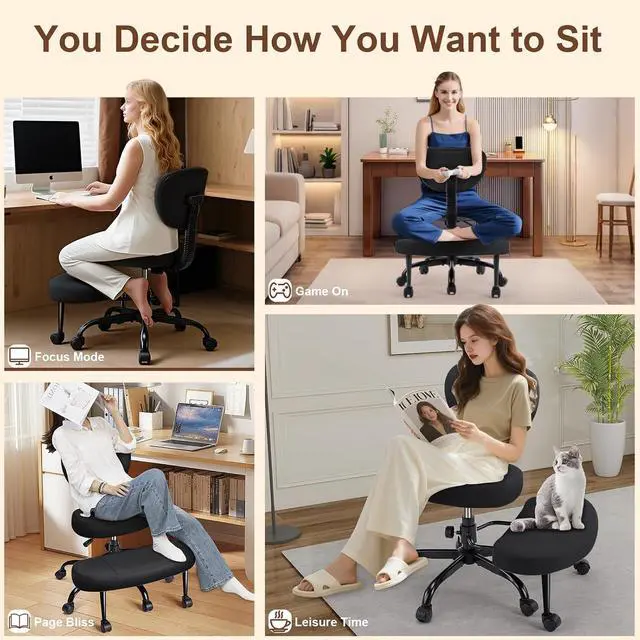 Alt view image 5 of 7 - AreShark Cross Legged Office Chair with Wheels, Kneeling Meditation Wide Criss Cross Swivel Ergonomic Chair with Back Support&Adjustable Height, ADHD Stool with Rotating Footrest for Yoga Home Office