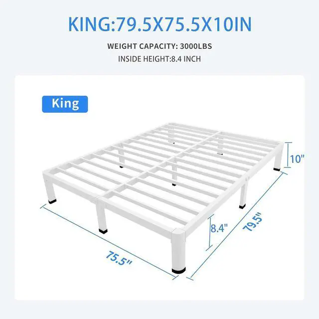 Alt view image 2 of 7 - MAF 10 Inch King Bed Frame White with Round Corner Legs and Mattress Baffle | Metal Platform Bed Frame, 3000 LBS Heavy Duty Steel Slats Support, Noise Free, No Box Spring Needed, Easy Assembly