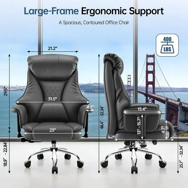 Alt view image 3 of 7 - AreShark Big and Tall Office Chair - Executive High Back Leather Office Desk Chair with Adjustable Lumbar Support - Ergonomic Comfortable Heavy Duty Computer Gaming Chair with Padded Arms & Wide Seat