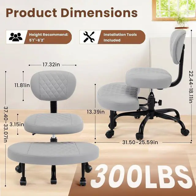 Alt view image 2 of 7 - AreShark Cross Legged Office Chair with Wheels, Kneeling Meditation Wide Criss Cross Swivel Ergonomic Chair with Back Support&Adjustable Height, ADHD Stool with Rotating Footrest for Yoga Home Office