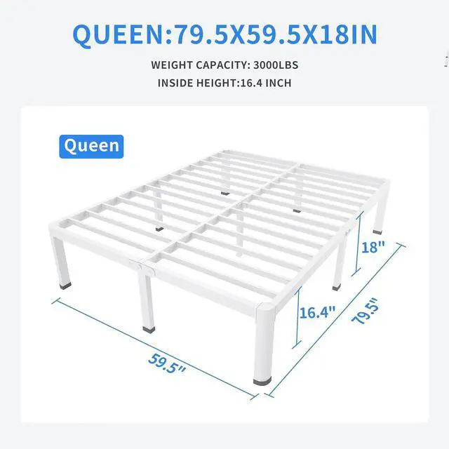 Alt view image 2 of 7 - MAF 18 Inch Queen Bed Frames White with Round Corner Legs Mattress Stopper | No Box Spring Needed, Heavy Duty Metal Platform Bed Frame, 16.6" Storage Space, 3000 LBS Steel Slats Support, Easy Assembly