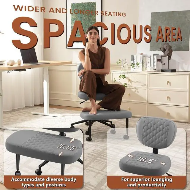 Alt view image 5 of 7 - AreShark Cross Legged Office Chair with Wheels, Kneeling Meditation Wide Criss Cross Swivel Ergonomic Chair with Back Support&Adjustable Height, ADHD Stool with Rotating Footrest for Yoga Home Office