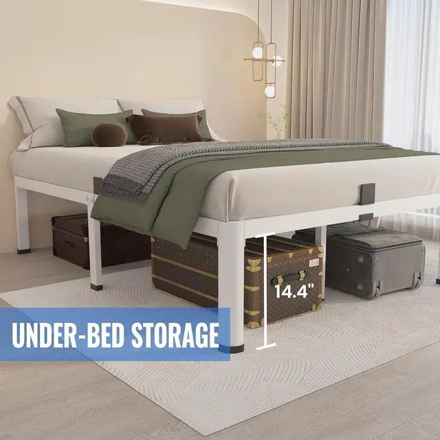 Alt view image 5 of 7 - MAF 16 Inch Queen Bed Frames White with Round Corner Legs Mattress Stopper | No Box Spring Needed, Heavy Duty Metal Platform Bed Frame, 14.6" Storage Space, 3000 LBS Steel Slats Support, Easy Assembly