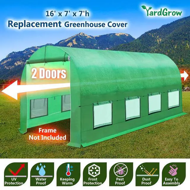 Alt view image 2 of 7 - YardGrow 2-Doors Replacement Greenhouse Cover for Larger Walk in Outdoor Yard Plant Gardening Hot House, Cover ONLY (12'x7'x7', Green)