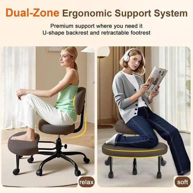 Alt view image 6 of 7 - AreShark Cross Legged Office Chair with Wheels, Kneeling Meditation Wide Criss Cross Swivel Ergonomic Chair with Back Support&Adjustable Height, ADHD Stool with Rotating Footrest for Yoga Home Office