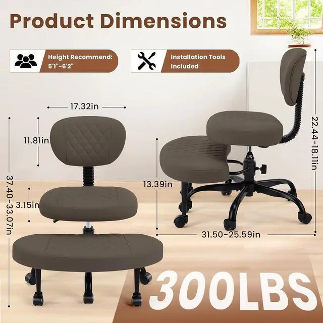 Alt view image 2 of 7 - AreShark Cross Legged Office Chair with Wheels, Kneeling Meditation Wide Criss Cross Swivel Ergonomic Chair with Back Support&Adjustable Height, ADHD Stool with Rotating Footrest for Yoga Home Office
