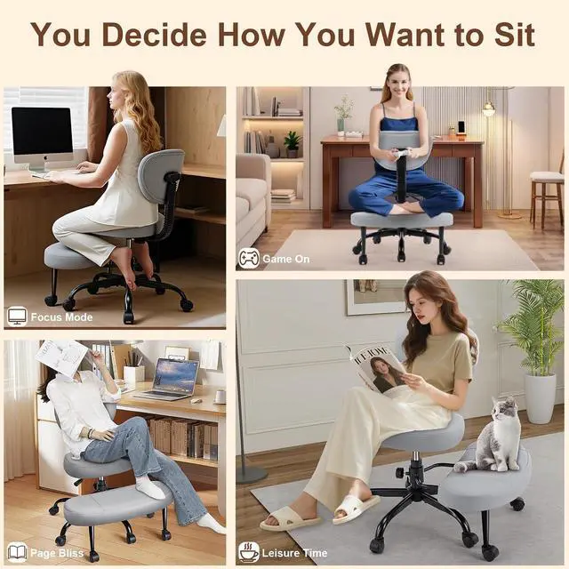 Alt view image 5 of 7 - AreShark Cross Legged Office Chair with Wheels, Kneeling Meditation Wide Criss Cross Swivel Ergonomic Chair with Back Support&Adjustable Height, ADHD Stool with Rotating Footrest for Yoga Home Office