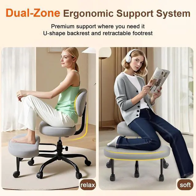 Alt view image 7 of 7 - AreShark Cross Legged Office Chair with Wheels, Kneeling Meditation Wide Criss Cross Swivel Ergonomic Chair with Back Support&Adjustable Height, ADHD Stool with Rotating Footrest for Yoga Home Office