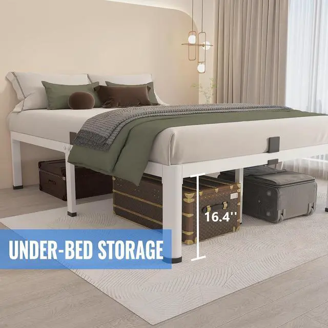 Alt view image 5 of 7 - MAF 18 Inch Queen Bed Frames White with Round Corner Legs Mattress Stopper | No Box Spring Needed, Heavy Duty Metal Platform Bed Frame, 16.6" Storage Space, 3000 LBS Steel Slats Support, Easy Assembly