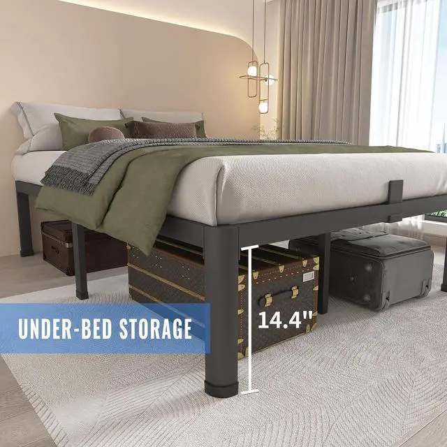 Alt view image 4 of 7 - MAF 16 Inch Queen Bed Frames with Round Corner Legs Mattress Slide Stopper | No Box Spring Needed, Heavy Duty Metal Platform Bed Frame, 14.6" Storage Space, 3000 LBS Steel Slats Support, Easy Assembly