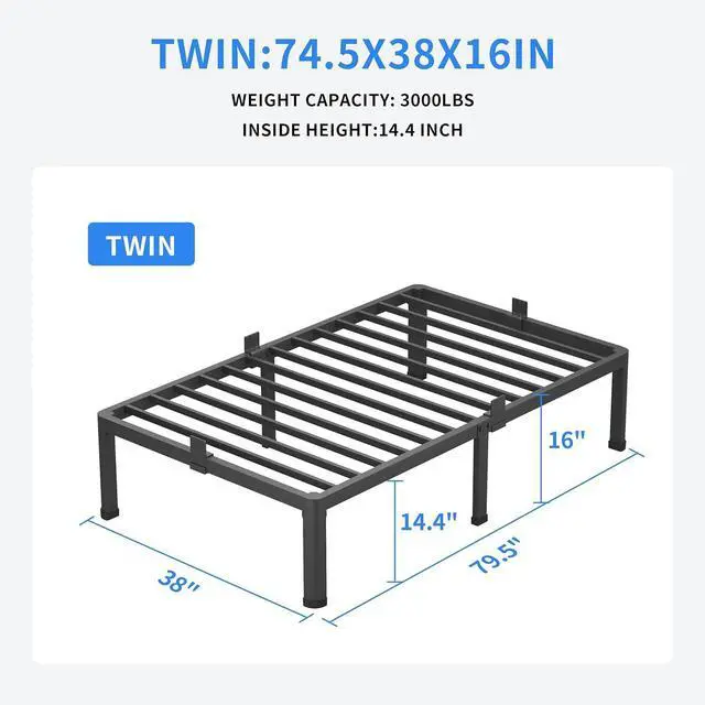 Alt view image 2 of 7 - MAF 16 Inch Twin Bed Frames with Round Corner Legs Mattress Slide Stopper | No Box Spring Needed, Heavy Duty Metal Platform Bed Frame, 14.6" Storage Space, 3000 LBS Steel Slats Support, Easy Assembly