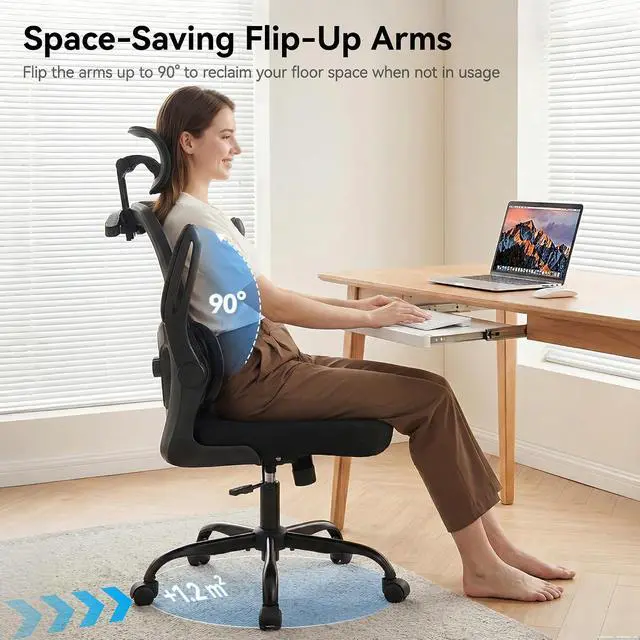 Alt view image 7 of 7 - AreShark Ergonomic Office Chair with Adjustable Lumbar Support & Headrest, High Back Breathable Mesh Desk Chair with Flip-Up Arms & Coat Hanger, Swivel Computer Task Chair for Home Office & Gaming