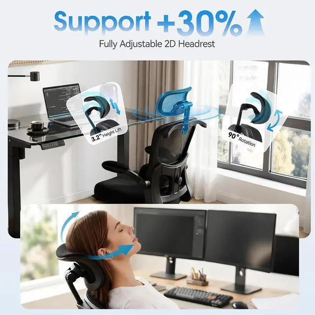 Alt view image 4 of 7 - AreShark Ergonomic Office Chair with Adjustable Lumbar Support & Headrest, High Back Breathable Mesh Desk Chair with Flip-Up Arms & Coat Hanger, Swivel Computer Task Chair for Home Office & Gaming