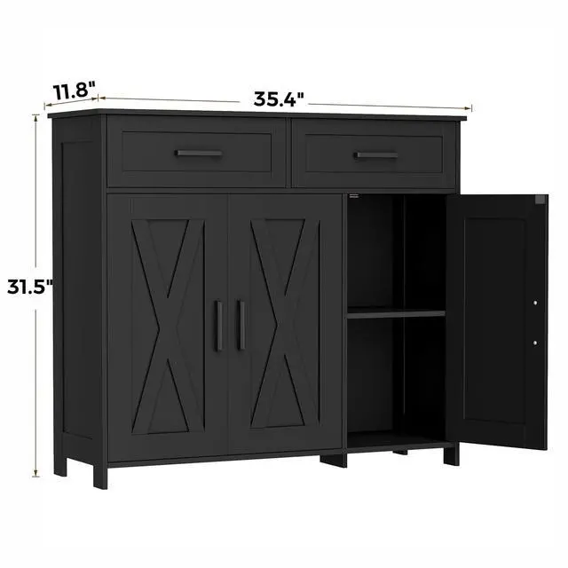 Alt view image 2 of 7 - Homhedy Coffee Bar Storage Cabinet with Drawers, Kitchen Buffet Cabinet | Sideboard Cabinet with Doors, Farmhouse Buffet Cabinet, Adjustable Shelves, for Kitchen / Dining / Living Room, Black
