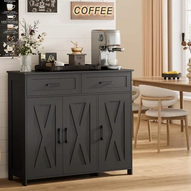 Main image of Homhedy Coffee Bar Storage Cabinet with Drawers, Kitchen Buffet Cabinet | Sideboard Cabinet with Doors, Farmhouse Buffet Cabinet, Adjustable Shelves, for Kitchen / Dining / Living Room, Black