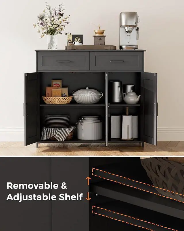 Alt view image 4 of 7 - Homhedy Coffee Bar Storage Cabinet with Drawers, Kitchen Buffet Cabinet | Sideboard Cabinet with Doors, Farmhouse Buffet Cabinet, Adjustable Shelves, for Kitchen / Dining / Living Room, Black