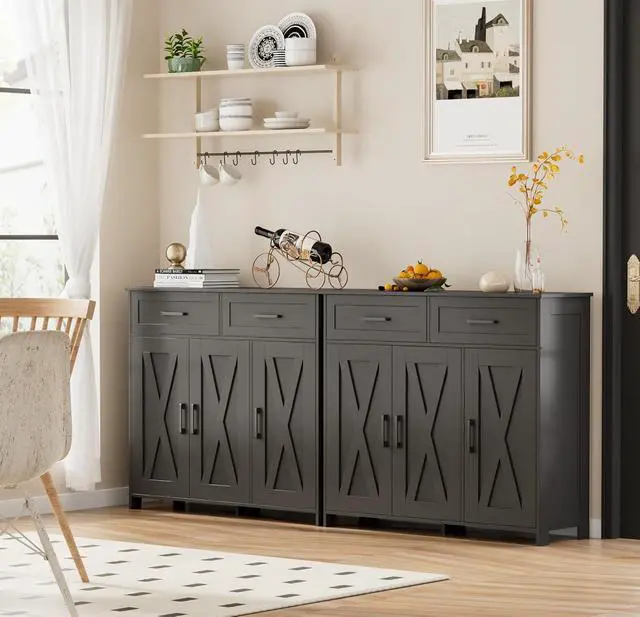 Alt view image 7 of 7 - Homhedy Coffee Bar Storage Cabinet with Drawers, Kitchen Buffet Cabinet | Sideboard Cabinet with Doors, Farmhouse Buffet Cabinet, Adjustable Shelves, for Kitchen / Dining / Living Room, Black