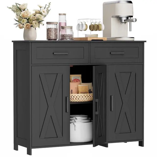 Alt view image 3 of 7 - Homhedy Coffee Bar Storage Cabinet with Drawers, Kitchen Buffet Cabinet | Sideboard Cabinet with Doors, Farmhouse Buffet Cabinet, Adjustable Shelves, for Kitchen / Dining / Living Room, Black