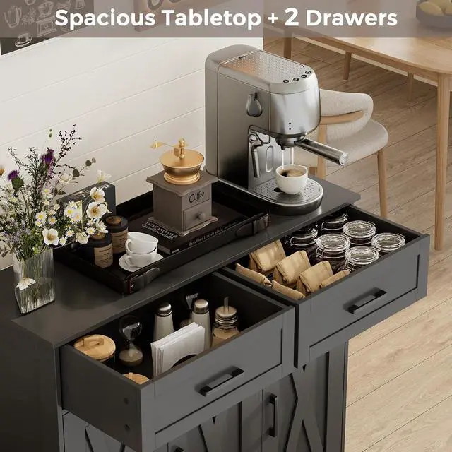 Alt view image 5 of 7 - Homhedy Coffee Bar Storage Cabinet with Drawers, Kitchen Buffet Cabinet | Sideboard Cabinet with Doors, Farmhouse Buffet Cabinet, Adjustable Shelves, for Kitchen / Dining / Living Room, Black