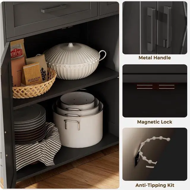 Alt view image 6 of 7 - Homhedy Coffee Bar Storage Cabinet with Drawers, Kitchen Buffet Cabinet | Sideboard Cabinet with Doors, Farmhouse Buffet Cabinet, Adjustable Shelves, for Kitchen / Dining / Living Room, Black