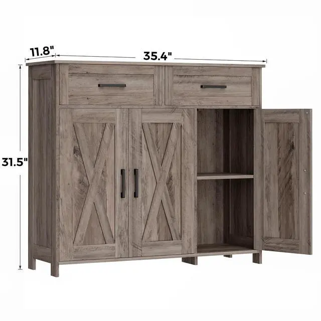 Alt view image 2 of 7 - Homhedy Coffee Bar Storage Cabinet with Drawers, Kitchen Buffet Cabinet | Sideboard Cabinet with Doors, Farmhouse Buffet Cabinet, Adjustable Shelves, for Kitchen / Dining / Living Room, Greige