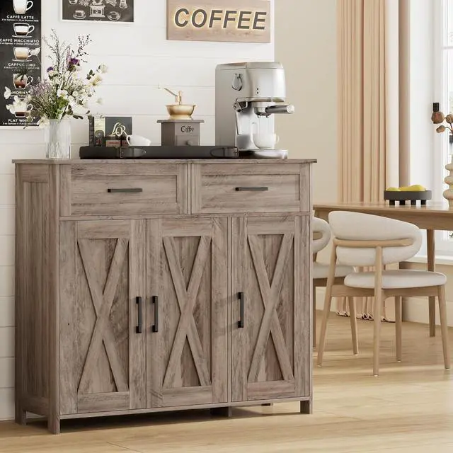 Main image of Homhedy Coffee Bar Storage Cabinet with Drawers, Kitchen Buffet Cabinet | Sideboard Cabinet with Doors, Farmhouse Buffet Cabinet, Adjustable Shelves, for Kitchen / Dining / Living Room, Greige