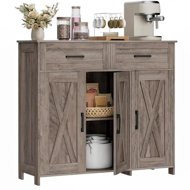 Alt view image 3 of 7 - Homhedy Coffee Bar Storage Cabinet with Drawers, Kitchen Buffet Cabinet | Sideboard Cabinet with Doors, Farmhouse Buffet Cabinet, Adjustable Shelves, for Kitchen / Dining / Living Room, Greige