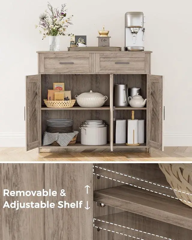 Alt view image 4 of 7 - Homhedy Coffee Bar Storage Cabinet with Drawers, Kitchen Buffet Cabinet | Sideboard Cabinet with Doors, Farmhouse Buffet Cabinet, Adjustable Shelves, for Kitchen / Dining / Living Room, Greige