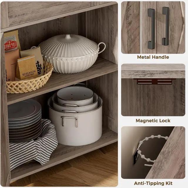 Alt view image 6 of 7 - Homhedy Coffee Bar Storage Cabinet with Drawers, Kitchen Buffet Cabinet | Sideboard Cabinet with Doors, Farmhouse Buffet Cabinet, Adjustable Shelves, for Kitchen / Dining / Living Room, Greige