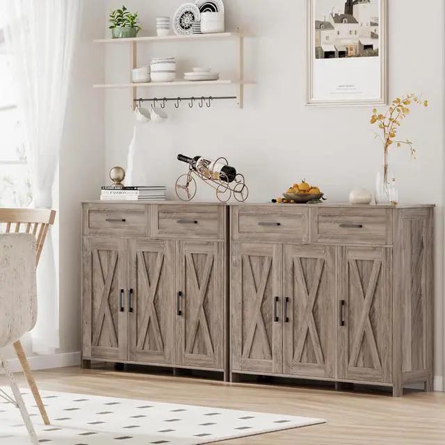 Alt view image 7 of 7 - Homhedy Coffee Bar Storage Cabinet with Drawers, Kitchen Buffet Cabinet | Sideboard Cabinet with Doors, Farmhouse Buffet Cabinet, Adjustable Shelves, for Kitchen / Dining / Living Room, Greige