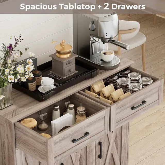 Alt view image 5 of 7 - Homhedy Coffee Bar Storage Cabinet with Drawers, Kitchen Buffet Cabinet | Sideboard Cabinet with Doors, Farmhouse Buffet Cabinet, Adjustable Shelves, for Kitchen / Dining / Living Room, Greige