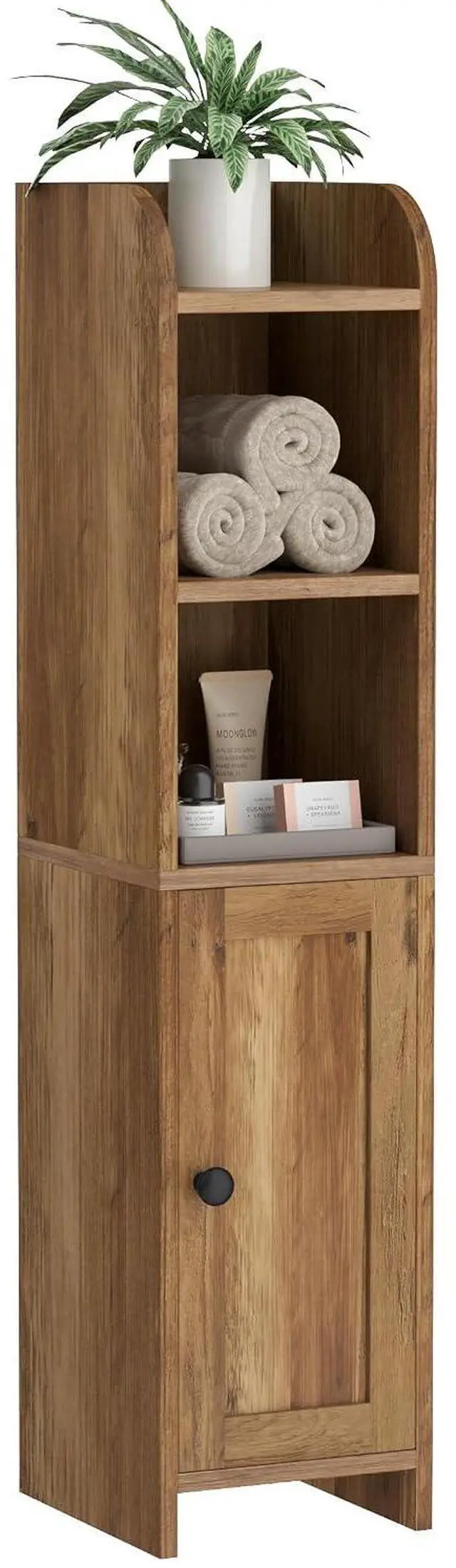 Main image of Homhedy Small Bathroom Storage Cabinet, Narrow Toilet Paper Cabinet | Corner Floor Cabinet with Door and Shelves, Slim Bathroom Cabinet for Small Spaces, 7.9" D x 7.1" W x 31" H, Rustic Walnut