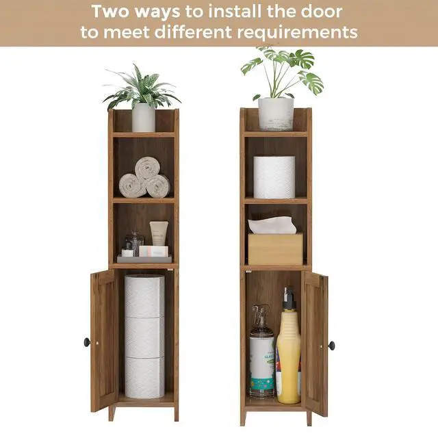 Alt view image 4 of 7 - Homhedy Small Bathroom Storage Cabinet, Narrow Toilet Paper Cabinet | Corner Floor Cabinet with Door and Shelves, Slim Bathroom Cabinet for Small Spaces, 7.9" D x 7.1" W x 31" H, Rustic Walnut