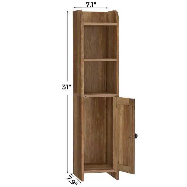Alt view image 3 of 7 - Homhedy Small Bathroom Storage Cabinet, Narrow Toilet Paper Cabinet | Corner Floor Cabinet with Door and Shelves, Slim Bathroom Cabinet for Small Spaces, 7.9" D x 7.1" W x 31" H, Rustic Walnut