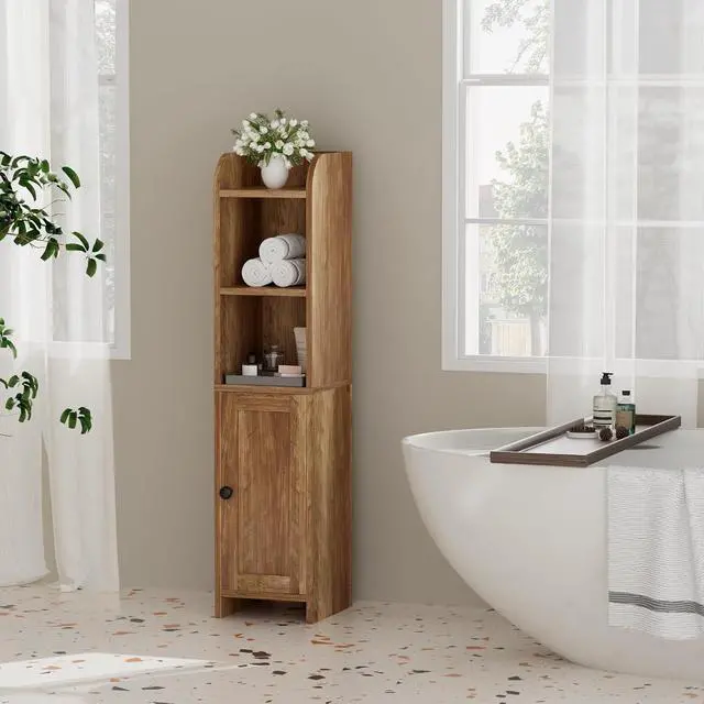 Alt view image 2 of 7 - Homhedy Small Bathroom Storage Cabinet, Narrow Toilet Paper Cabinet | Corner Floor Cabinet with Door and Shelves, Slim Bathroom Cabinet for Small Spaces, 7.9" D x 7.1" W x 31" H, Rustic Walnut