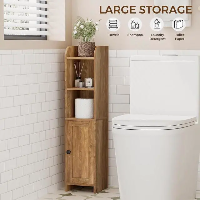 Alt view image 5 of 7 - Homhedy Small Bathroom Storage Cabinet, Narrow Toilet Paper Cabinet | Corner Floor Cabinet with Door and Shelves, Slim Bathroom Cabinet for Small Spaces, 7.9" D x 7.1" W x 31" H, Rustic Walnut