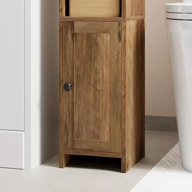 Alt view image 7 of 7 - Homhedy Small Bathroom Storage Cabinet, Narrow Toilet Paper Cabinet | Corner Floor Cabinet with Door and Shelves, Slim Bathroom Cabinet for Small Spaces, 7.9" D x 7.1" W x 31" H, Rustic Walnut
