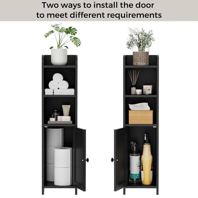 Alt view image 4 of 7 - Homhedy Small Bathroom Storage Cabinet, Narrow Toilet Paper Cabinet | Corner Floor Cabinet with Door and Shelves, Slim Bathroom Cabinet for Small Spaces, 9.8" D x 7.9" W x 31" H, Black