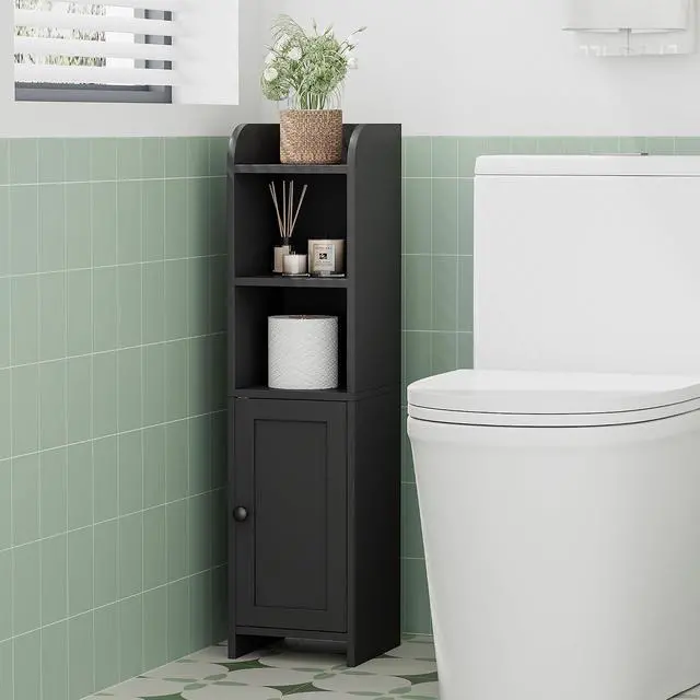 Alt view image 6 of 7 - Homhedy Small Bathroom Storage Cabinet, Narrow Toilet Paper Cabinet | Corner Floor Cabinet with Door and Shelves, Slim Bathroom Cabinet for Small Spaces, 9.8" D x 7.9" W x 31" H, Black