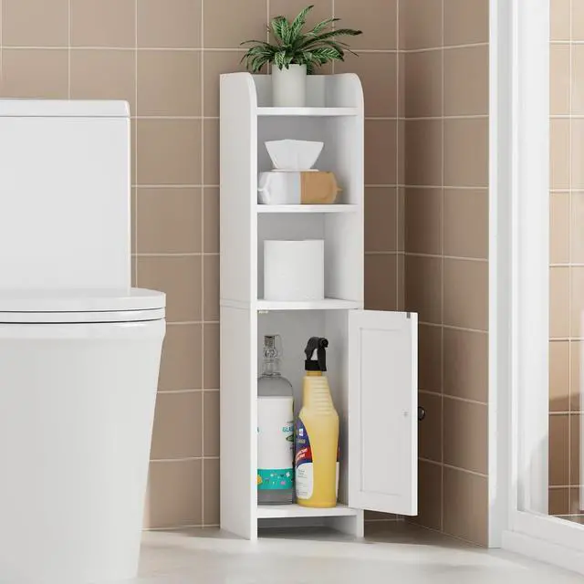 Main image of Homhedy Small Bathroom Storage Cabinet, Narrow Toilet Paper Cabinet | Corner Floor Cabinet with Door and Shelves, Slim Bathroom Cabinet for Small Spaces, 9.8" D x 7.9" W x 31" H, White