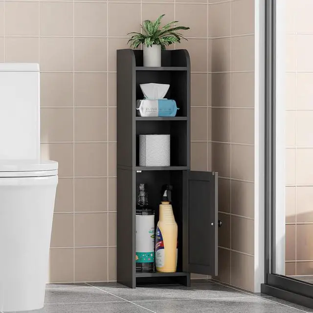 Alt view image 7 of 7 - Homhedy Small Bathroom Storage Cabinet, Narrow Toilet Paper Cabinet | Corner Floor Cabinet with Door and Shelves, Slim Bathroom Cabinet for Small Spaces, 9.8" D x 7.9" W x 31" H, Black