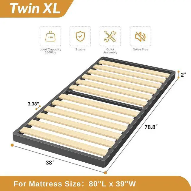 Alt view image 2 of 7 - MAF 2 Inch Twin XL Box Spring with Round Corner Bunkie Board with Wood Slat | Low Profile, Bed Slat Replacement, 3500 lbs Black Heavy Duty Bed Base, Metal Mattress Protection Foundation, Easy Assembly