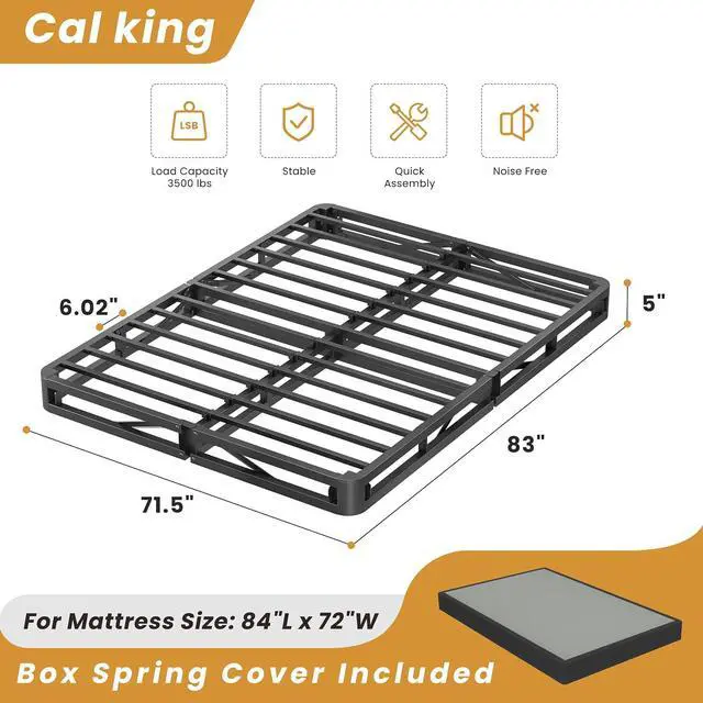 Alt view image 3 of 7 - MAF 5 Inch Cal King Size Box Spring Low Profile Metal Bed Base with Cover | 3500 lbs Black Heavy Duty Support, Round Corner Design, Metal Mattress Foundation, No Squeaky, Easy Assembly, Noise Free