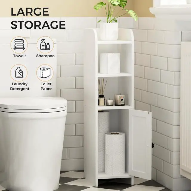 Alt view image 5 of 7 - Homhedy Small Bathroom Storage Cabinet, Narrow Toilet Paper Cabinet | Corner Floor Cabinet with Door and Shelves, Slim Bathroom Cabinet for Small Spaces, 9.8" D x 7.9" W x 31" H, White