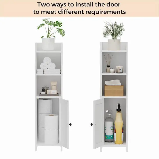 Alt view image 4 of 7 - Homhedy Small Bathroom Storage Cabinet, Narrow Toilet Paper Cabinet | Corner Floor Cabinet with Door and Shelves, Slim Bathroom Cabinet for Small Spaces, 9.8" D x 7.9" W x 31" H, White