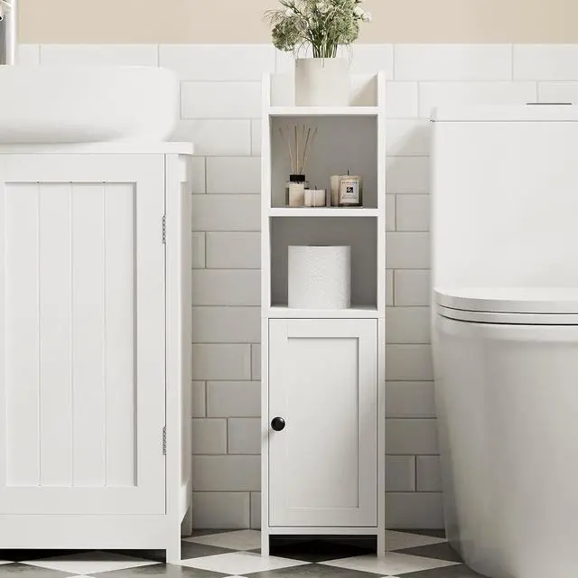 Alt view image 7 of 7 - Homhedy Small Bathroom Storage Cabinet, Narrow Toilet Paper Cabinet | Corner Floor Cabinet with Door and Shelves, Slim Bathroom Cabinet for Small Spaces, 9.8" D x 7.9" W x 31" H, White