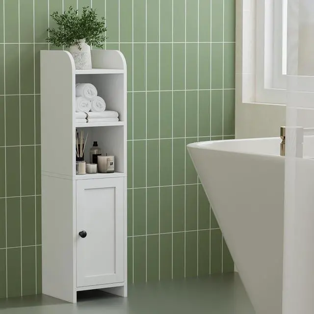 Alt view image 6 of 7 - Homhedy Small Bathroom Storage Cabinet, Narrow Toilet Paper Cabinet | Corner Floor Cabinet with Door and Shelves, Slim Bathroom Cabinet for Small Spaces, 9.8" D x 7.9" W x 31" H, White